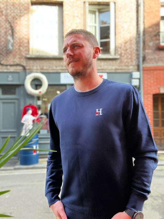 Sweat col rond unisexe bleu marine.